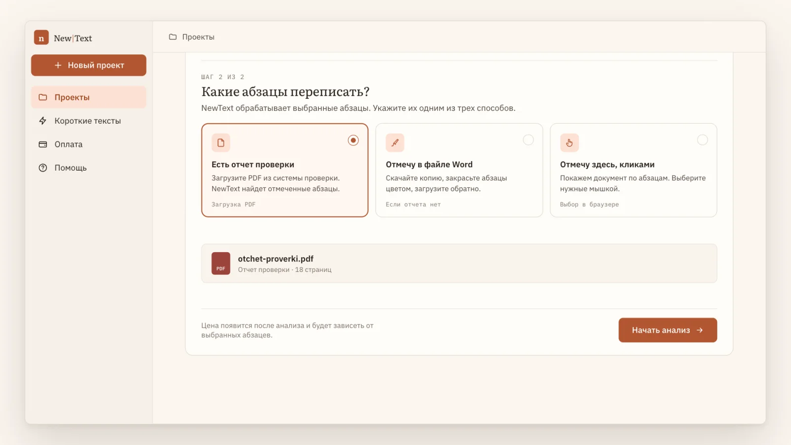 Выбор способа разметки и загрузка PDF-отчета в NewText
